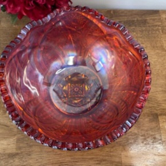 Indiana Glass Sunset Red Carnival Glass Bowl Iridescent Vintage Fruit Dish - Picture 4 of 6